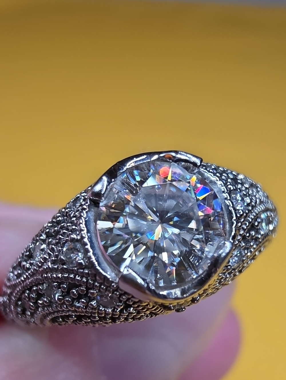 Vintage Charles & Colvard 925 Silver Filigree Ring w/ Moissanite Center Stone